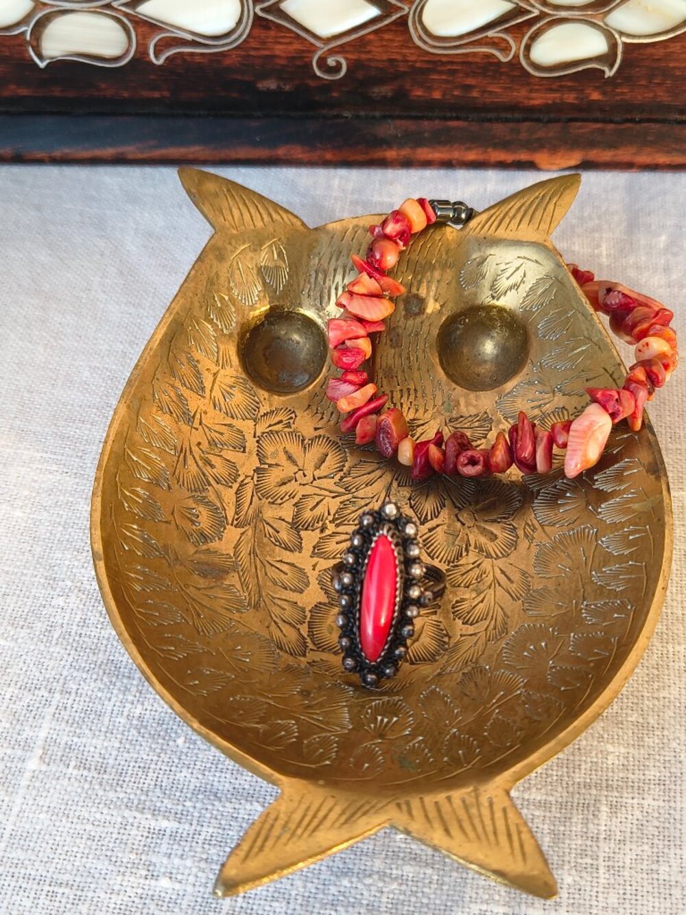 ✨ Authentic Vintage ✨ Red Marquise Stone Ring Silver-Tone Filigree Beaded Boho - Picture 7 of 10